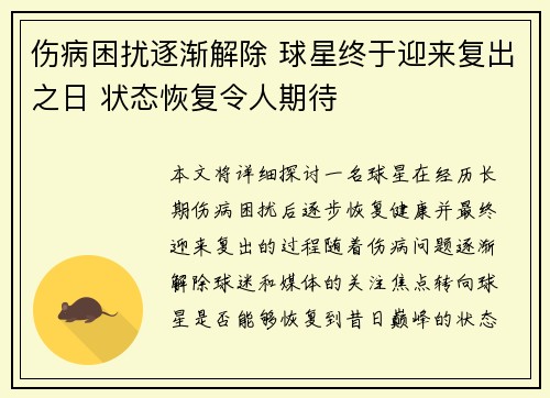 伤病困扰逐渐解除 球星终于迎来复出之日 状态恢复令人期待