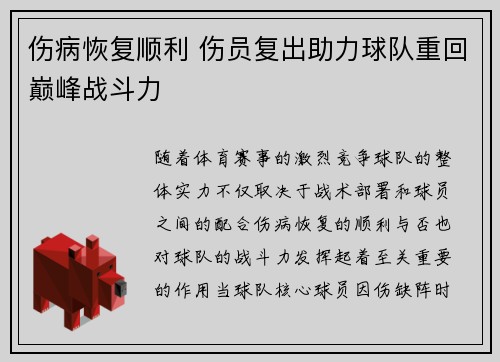 伤病恢复顺利 伤员复出助力球队重回巅峰战斗力