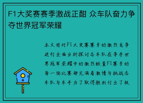 F1大奖赛赛季激战正酣 众车队奋力争夺世界冠军荣耀