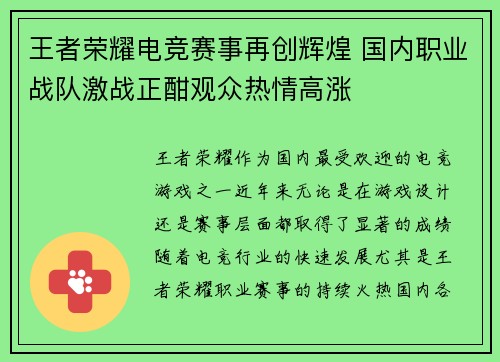 王者荣耀电竞赛事再创辉煌 国内职业战队激战正酣观众热情高涨